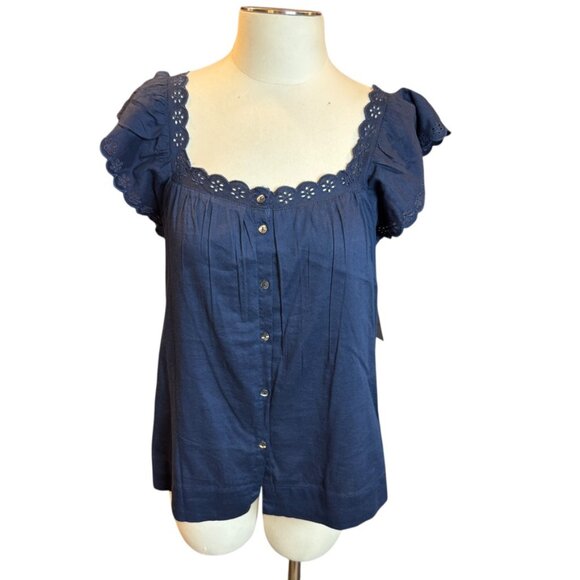LC Lauren Conrad Tops - LC LAUREN CONRAD navy eyelet trim blouse SIze Small NEW WITH TAG